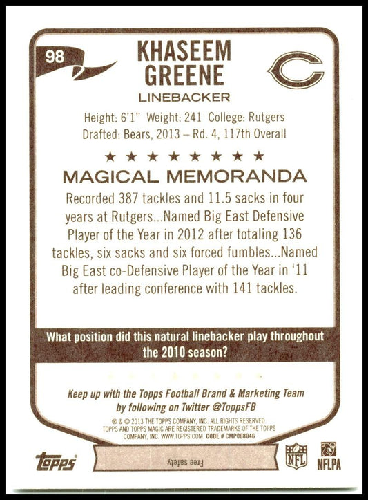 2013 Topps Magic #98 Khaseem Greene Rookie Chicago Bears