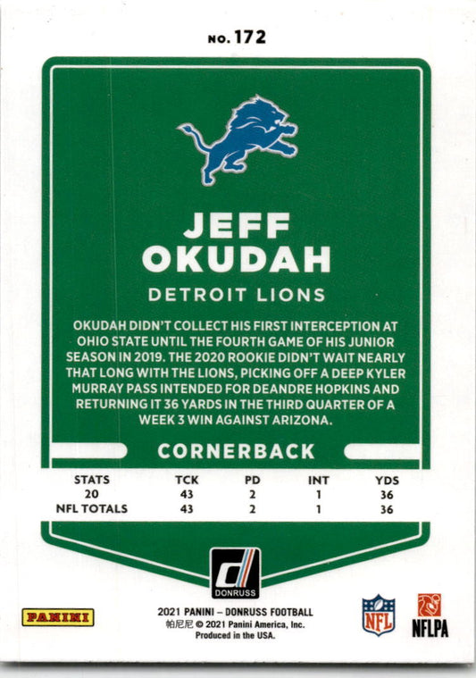 2021 Donruss #172 Jeff Okudah  Detroit Lions