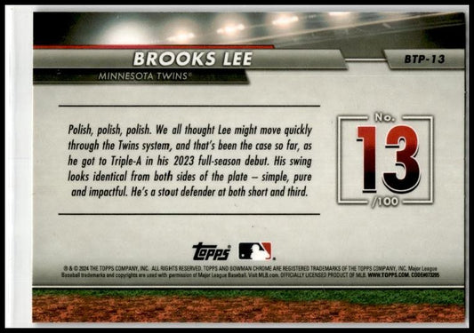2024 Bowman Bowman Scouts' Top 100 #BTP-13 Brooks Lee Minnesota Twins