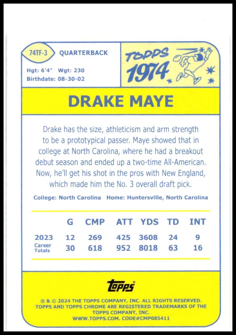 2024 Topps Chrome 1974 Topps Football #74TF-3 Drake Maye New England Patriots