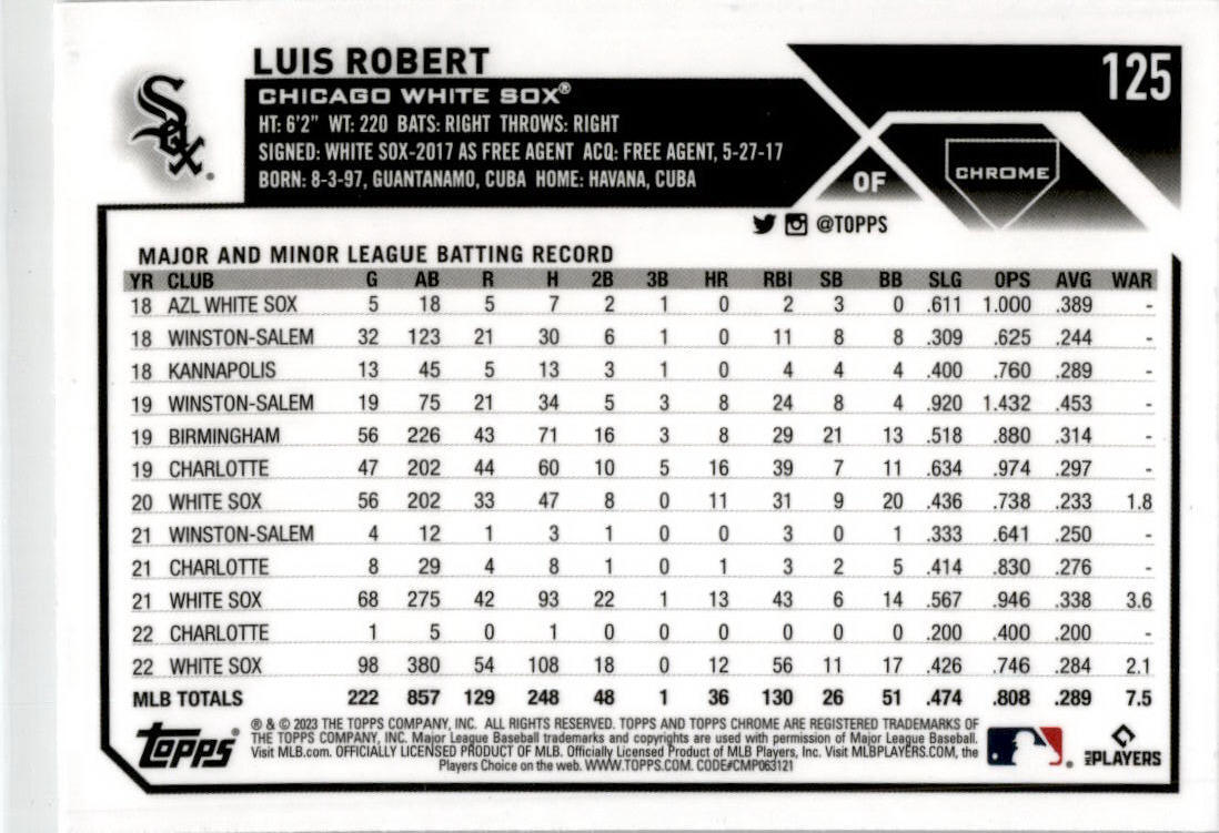 2023 Topps Chrome Sepia Refractor #125 Luis Robert Chicago White Sox.