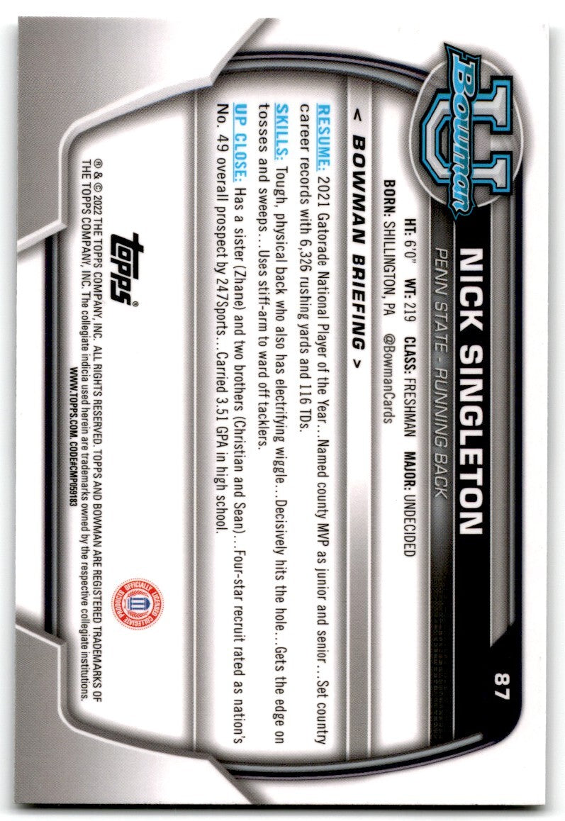 2022 bowman chrome university NickSingleton Penn State Nittany Lions #87