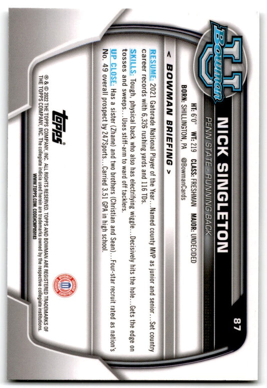 2022 bowman chrome university NickSingleton Penn State Nittany Lions #87