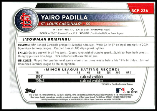 2025 Bowman Chrome Mojo Refractor #bcp-236 Yairo Padilla Cardinals