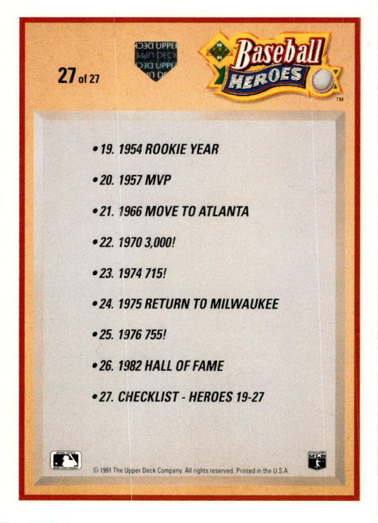 1991 Upper Deck Baseball Heroes: Hank Aaron #27 Hank Aaron Atlanta Braves