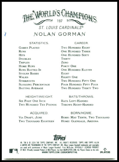 2024 Topps Allen & Ginter #197 Nolan Gorman St. Louis Cardinals