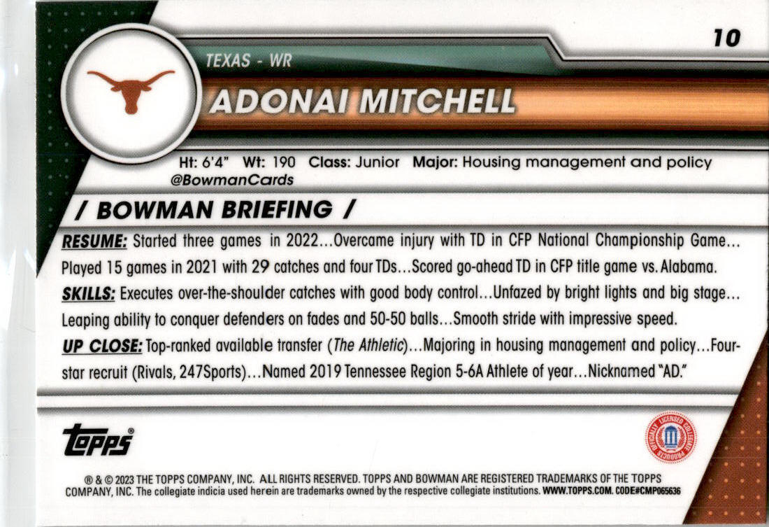 2023 Bowman University Chrome #10 Adonai Mitchell Texas Longhorns /Indianapolis