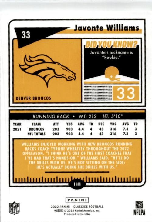 2022 Panini Classics No Name #33 Javonte Williams #/10 Denver Broncos