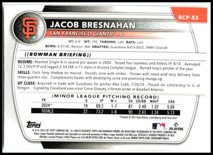 2025 Bowman Chrome Prospects #BCP-53 Jacob Bresnahan San Francisco Giants