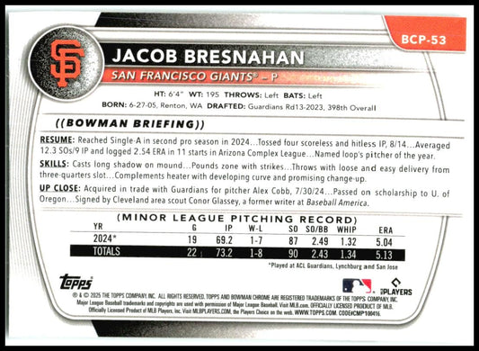 2025 Bowman Chrome Prospects #BCP-53 Jacob Bresnahan San Francisco Giants