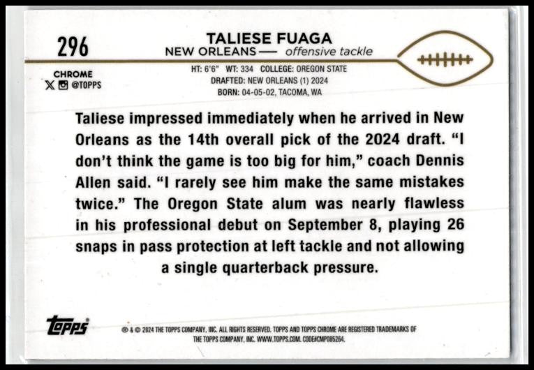 2024 Topps Chrome #296 Taliese Fuaga Rookie New Orleans Saints