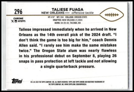 2024 Topps Chrome #296 Taliese Fuaga Rookie New Orleans Saints