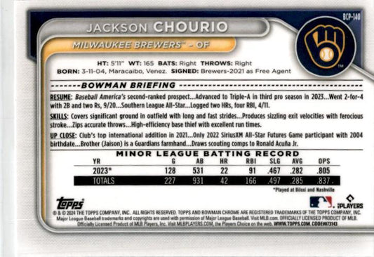 2024 Bowman Chrome Prospects #BCP-140 Jackson Chourio Milwaukee Brewers