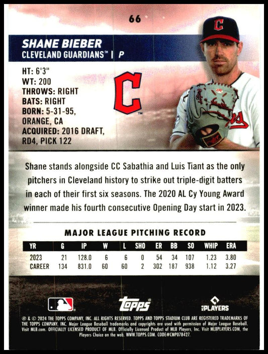2024 Stadium Club #66 Shane Bieber Cleveland Guardians
