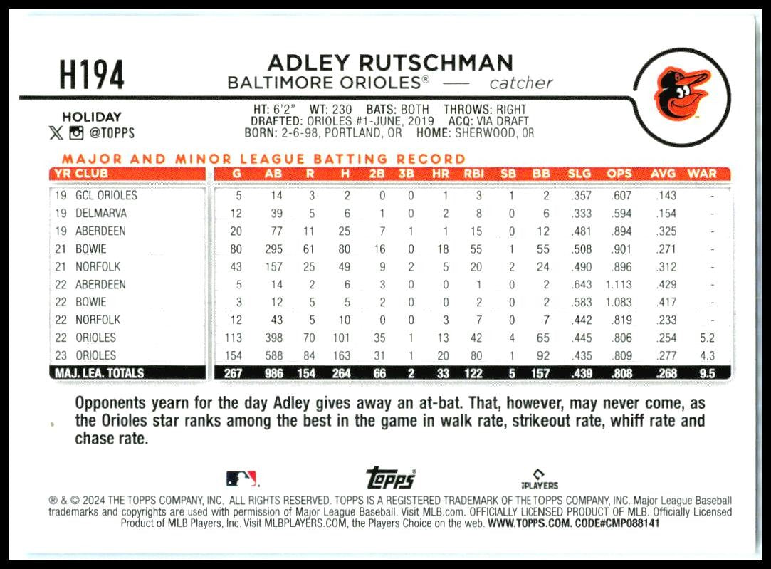 2024 Topps Holiday #H194 Adley Rutschman Baltimore Orioles
