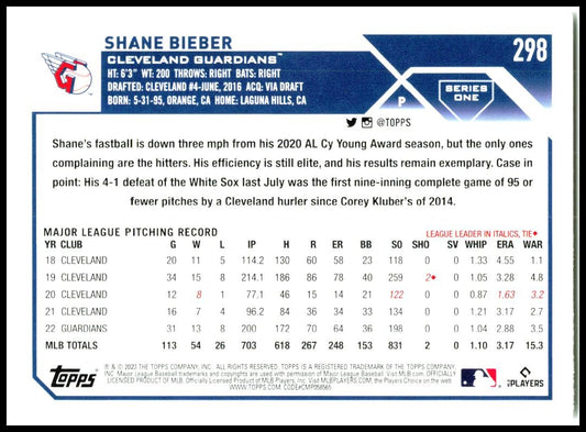 2023 Topps #298 Shane Bieber Cleveland Guardians