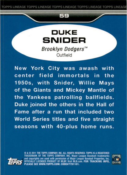 2011 Topps Lineage #59 Duke Snider Brooklyn Dodgers