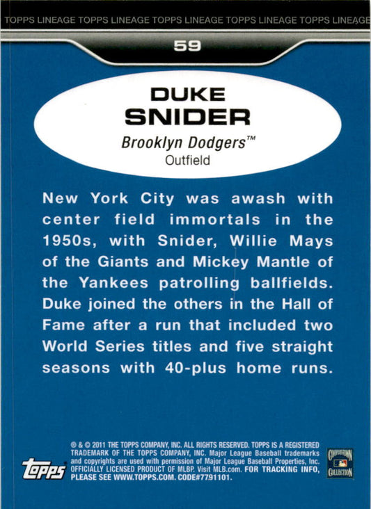 2011 Topps Lineage #59 Duke Snider Brooklyn Dodgers