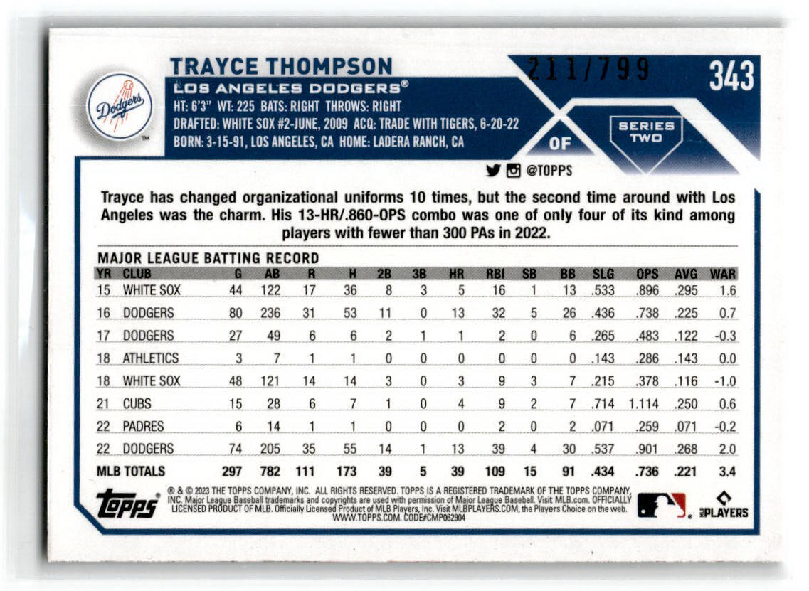 2023 Topps Purple Foilboard #343 Trayce Thompson /799 Los Angeles Dodgers