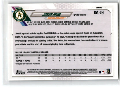2021 Topps Chrome Rookie Autographs Jonah Heim Rookie Auto Oakland Athletics