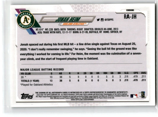 2021 Topps Chrome Rookie Autographs Jonah Heim Rookie Auto Oakland Athletics
