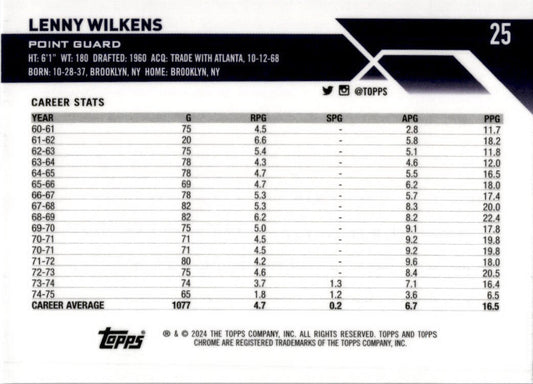 2023-24 Topps Chrome Basketball #25 Lenny Wilkens Cleveland