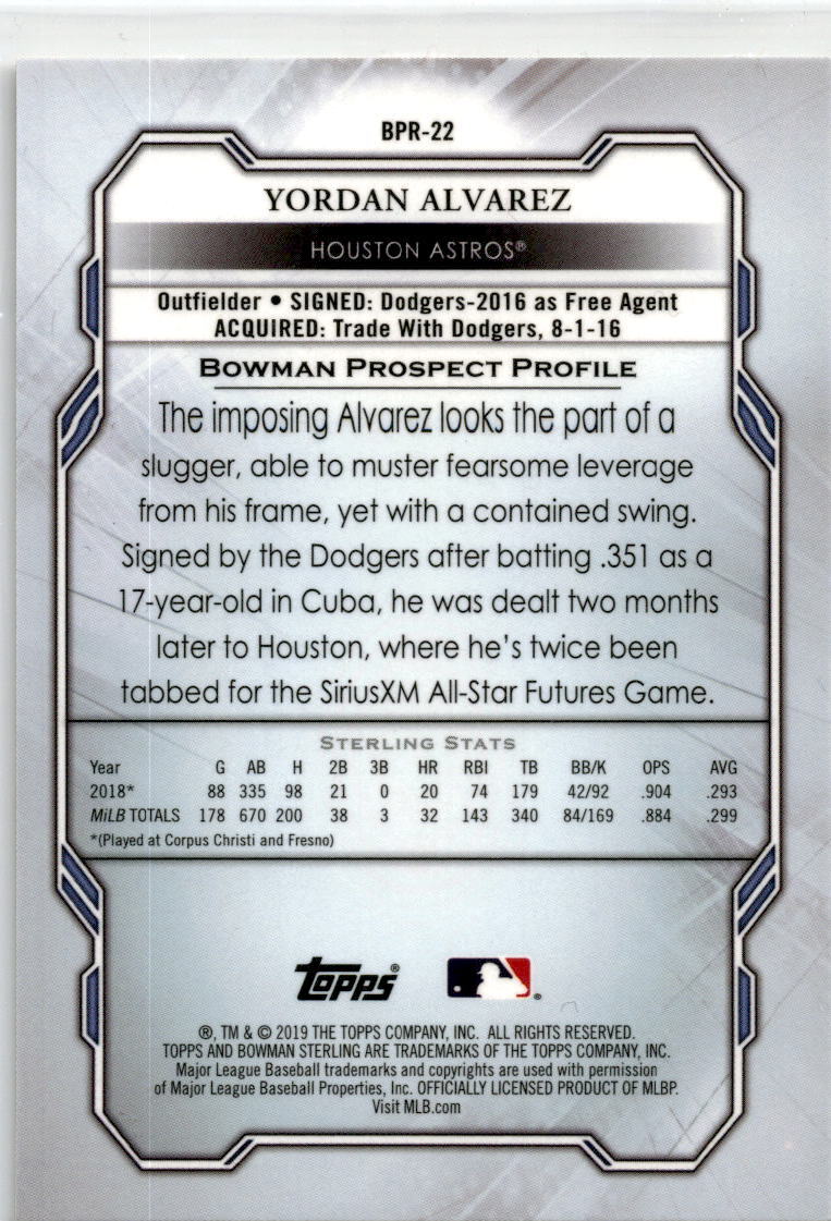 2019 Bowman Sterling Speckle #BPR-22 Yordan Alvarez Houston Astros /99
