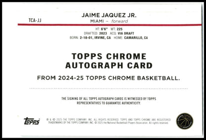 2024-25 Topps Chrome Auto Orange Refractor #TCA-JJ Jami Jaquez JR Auto Miami
