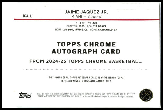 2024-25 Topps Chrome Auto Orange Refractor #TCA-JJ Jami Jaquez JR Auto Miami