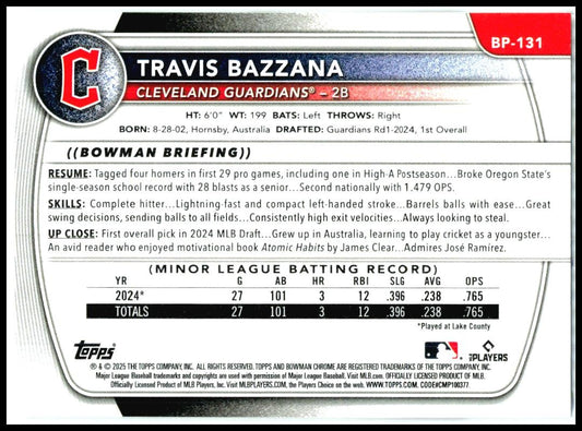 2025 Bowman Prospects #BP-131 Travis Bazzana Cleveland Guardians