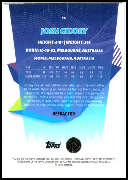 2024-25 Finest Refractor #16 Josh Giddey Chicago Bulls