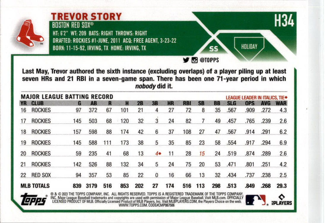 2023 Topps Holiday Metallic #H34 Trevor Story Boston Red Sox