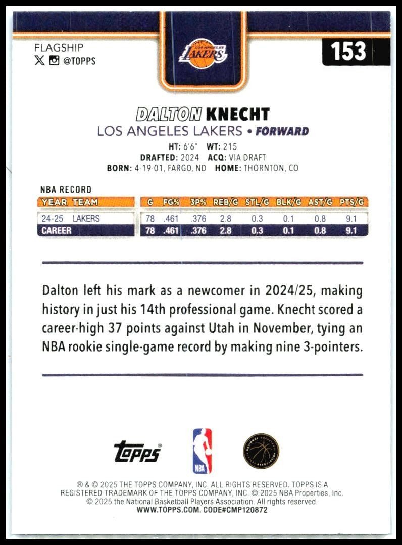 2025-26 Topps Sandglitter Blue SSP #153 Dalton Knecht Los Angeles Lakers