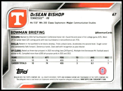 2025 Bowman Chrome University #67 DeSean Bishop Tennessee Volunteers