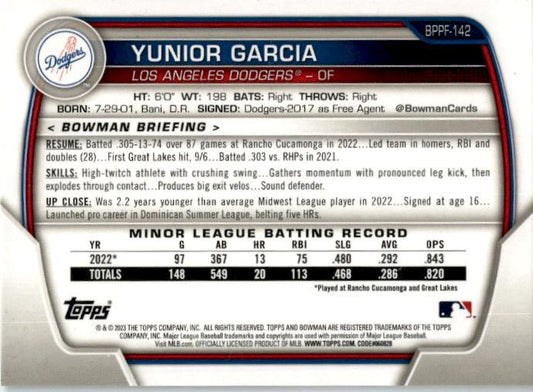2023 Bowman Prospects 1st Edition Sky Blue Foil #BPPF-142 Yunior Garcia Dodgers