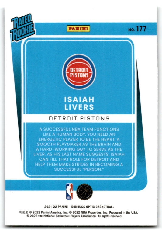 2021-22 Donruss Optic Rated Rookie Isaiah Livers Rookie Detroit Pistons #177
