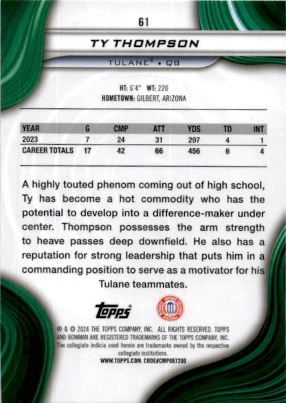 2024 Bowman University Best #61 Ty Thompson Tulane Green Wave