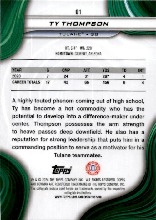 2024 Bowman University Best #61 Ty Thompson Tulane Green Wave