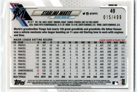 2021 Topps Green #49 Starling Marte 015/499  Miami Marlins