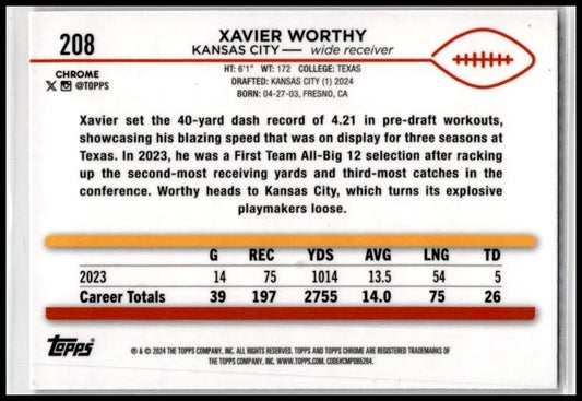 2024 Topps Chrome Magenta Refractor #208 Xavier Worthy Rookie Chiefs