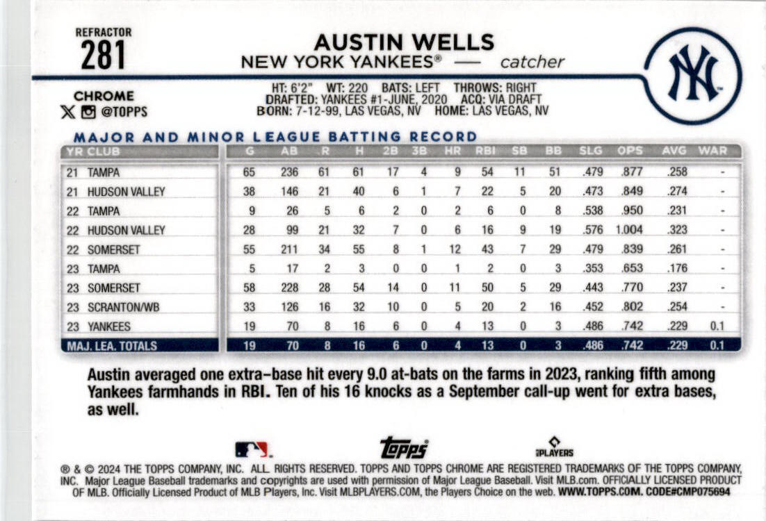 2024 Topps Chrome Refractors #281 Austin Wells Rookie New York Yankees