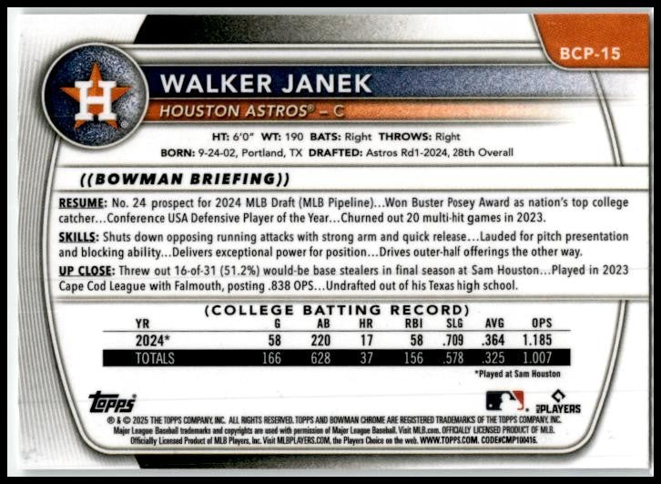 2025 Bowman Chrome Prospects #BCP-15 Walker Janek Houston Astros
