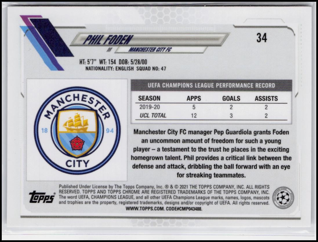 2020-21 Topps Chrome UEFA Champions League #34 Phil Foden