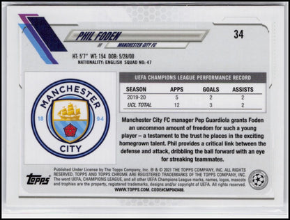 2020-21 Topps Chrome UEFA Champions League #34 Phil Foden