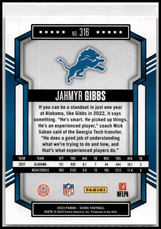 2023 Score Red #316 Jahmyr Gibbs Detroit Lions
