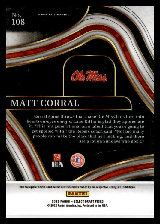 2022 Panini Select Draft Picks Blue #108 Matt Corral Rookie Carolina Panthers