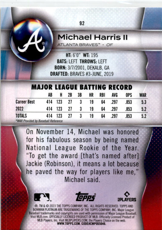 2023 Bowman Platinum #92 Michael Harris II Rookie Atlanta Braves