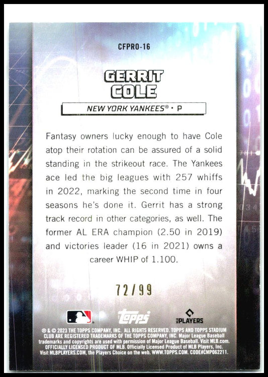 2023 Stadium Club Chief Fantasy Professionals #CFPRO-16 Gerrit Cole Yankees