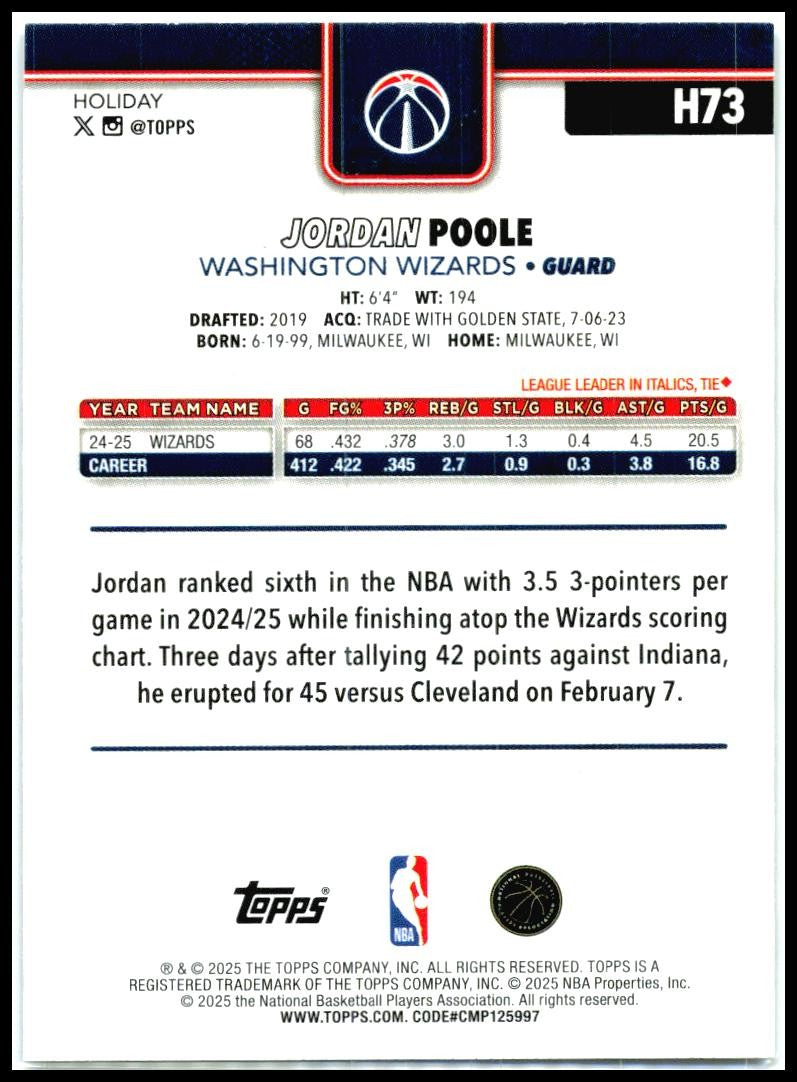 2025-26 Topps Holiday Glitter Holiday #H73 Jordan Poole Washington Wizards