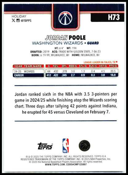 2025-26 Topps Holiday Glitter Holiday #H73 Jordan Poole Washington Wizards